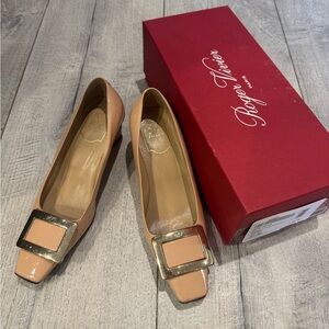 Roger Vivier Nude Patent Heels with Gold Buckle